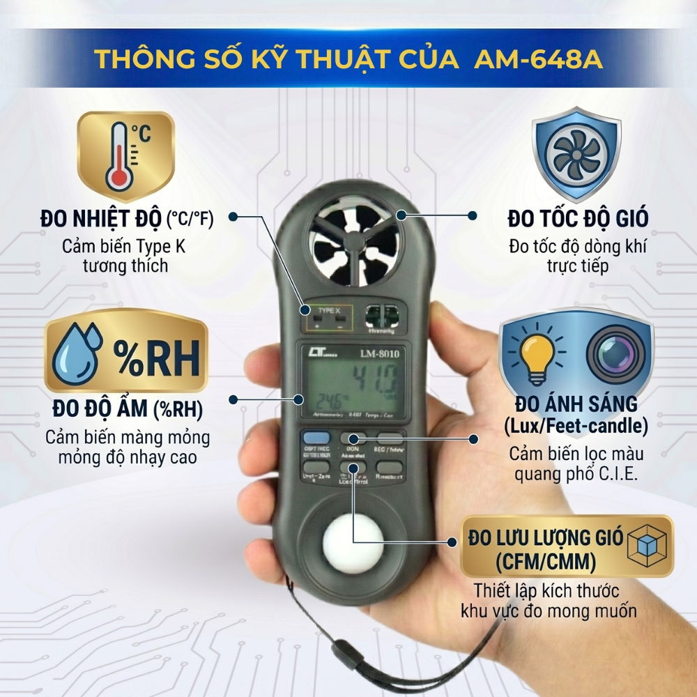 Máy đo vi khí hậu 5 trong 1 LUTRON LM-8010 đo ánh sáng, nhiệt độ, độ ẩm, lưu lượng và tốc độ gió