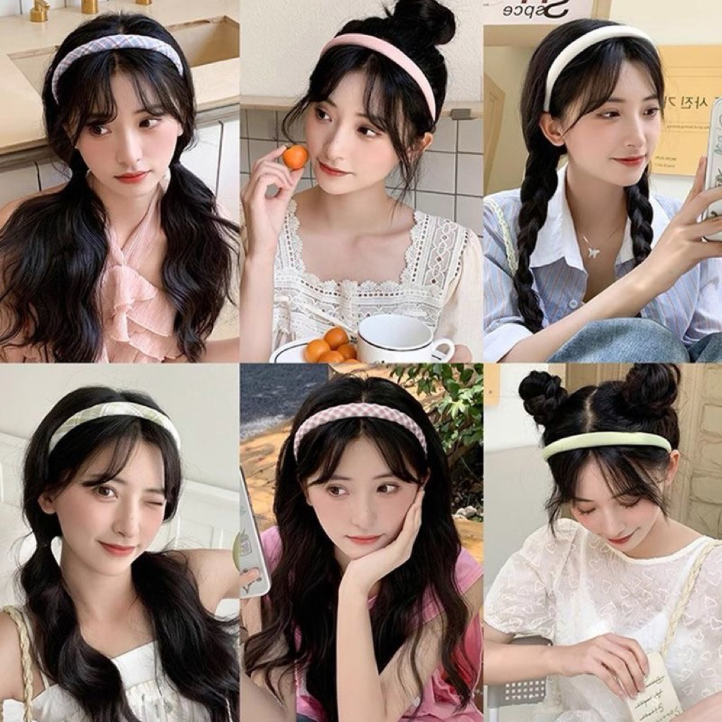Bờm Tóc Nữ Caro & Màu Trơn Hàn Quốc – Băng Đô Vải Mềm Phồng Nhẹ, Phong Cách Vintage Ngọt Ngào Mùa Hè