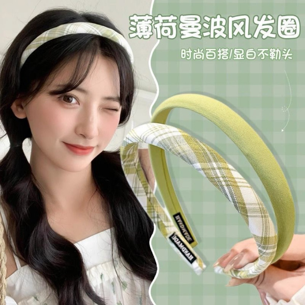 Bờm Tóc Nữ Caro & Màu Trơn Hàn Quốc – Băng Đô Vải Mềm Phồng Nhẹ, Phong Cách Vintage Ngọt Ngào Mùa Hè