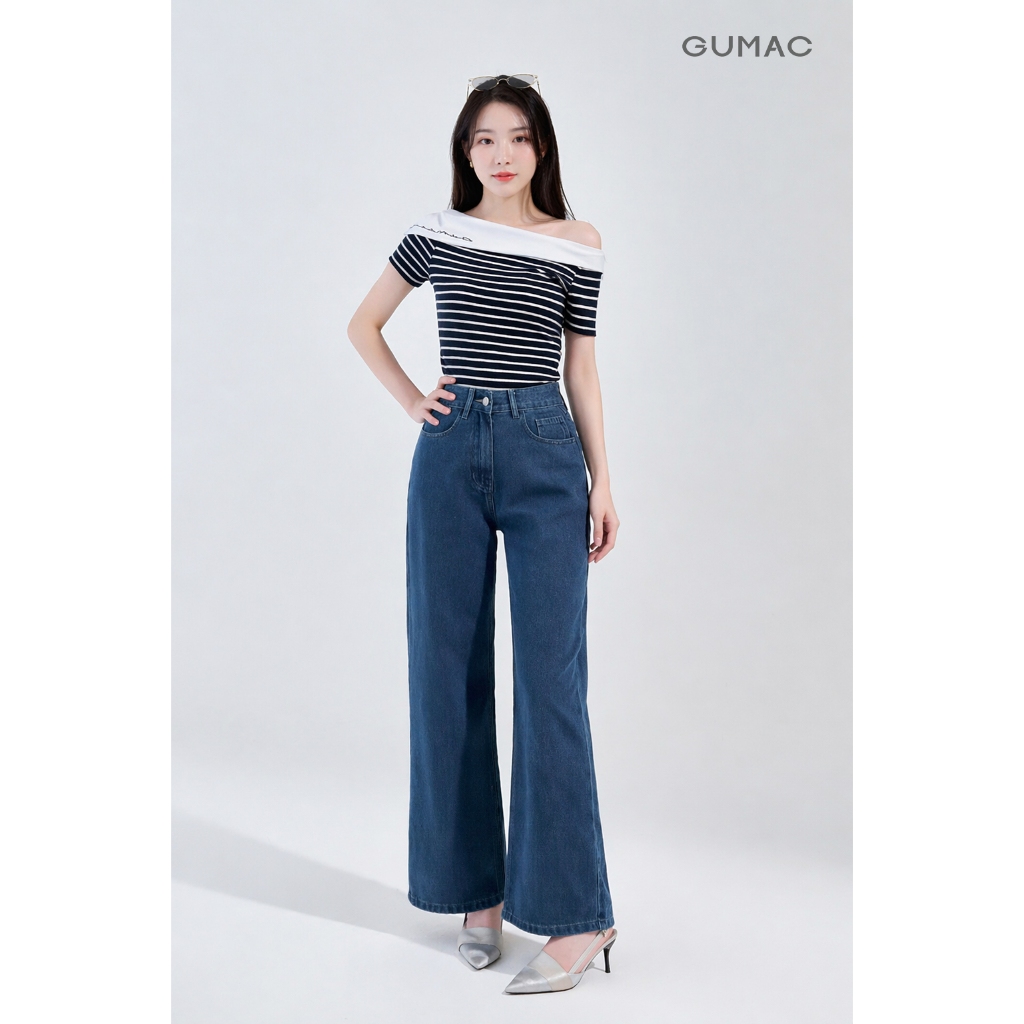 Áo Thun Nữ GUMAC Form Regular Tay Ngắn Trễ Vai Thanh Lịch Hiện Đại LAF0815
