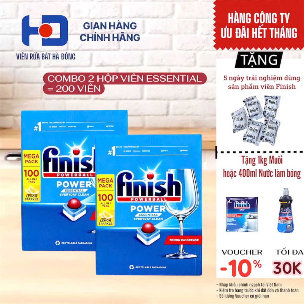 [TẶNG MUỐI HOẶC BÓNG] Combo 2 hộp viên rửa bát Finish Essential hương ...