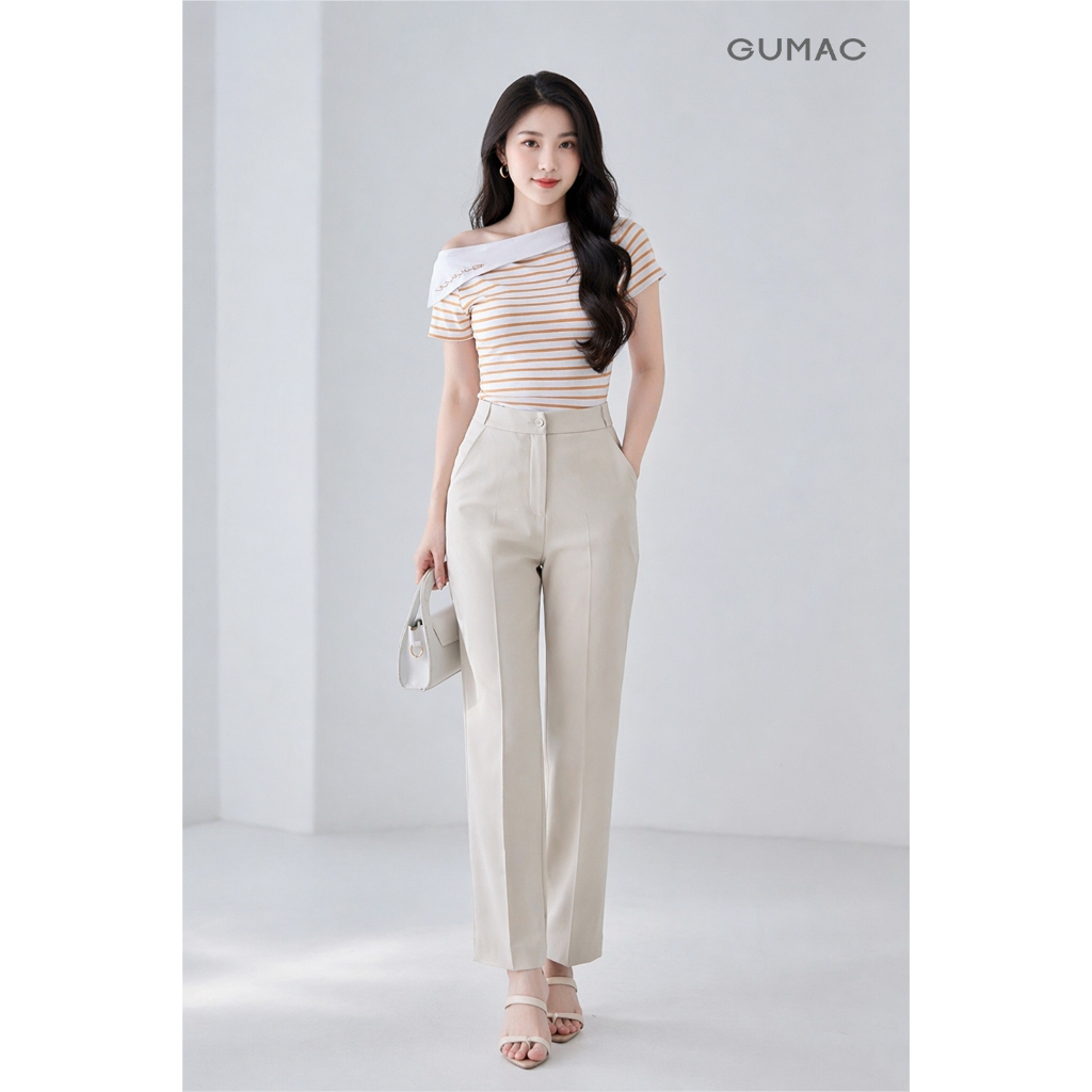 Áo Thun Nữ GUMAC Form Regular Tay Ngắn Trễ Vai Thanh Lịch Hiện Đại LAF0815