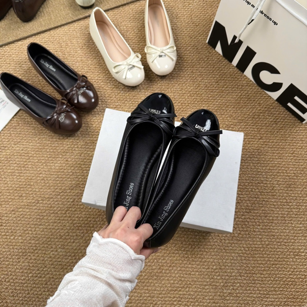 [vân giày xinh] giày bệt nữ phối da gắn nơ ấu khuy mi.n B05