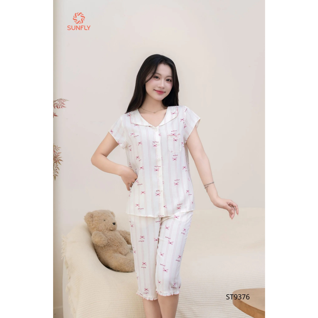 ST9376 Bộ pijama nữ đũi lạnh áo cộc quần ngố