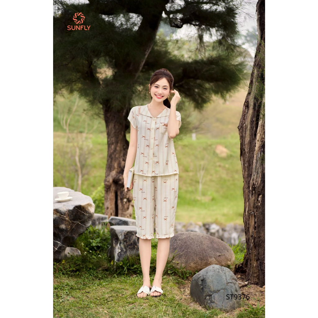 ST9376 Bộ pijama nữ đũi lạnh áo cộc quần ngố