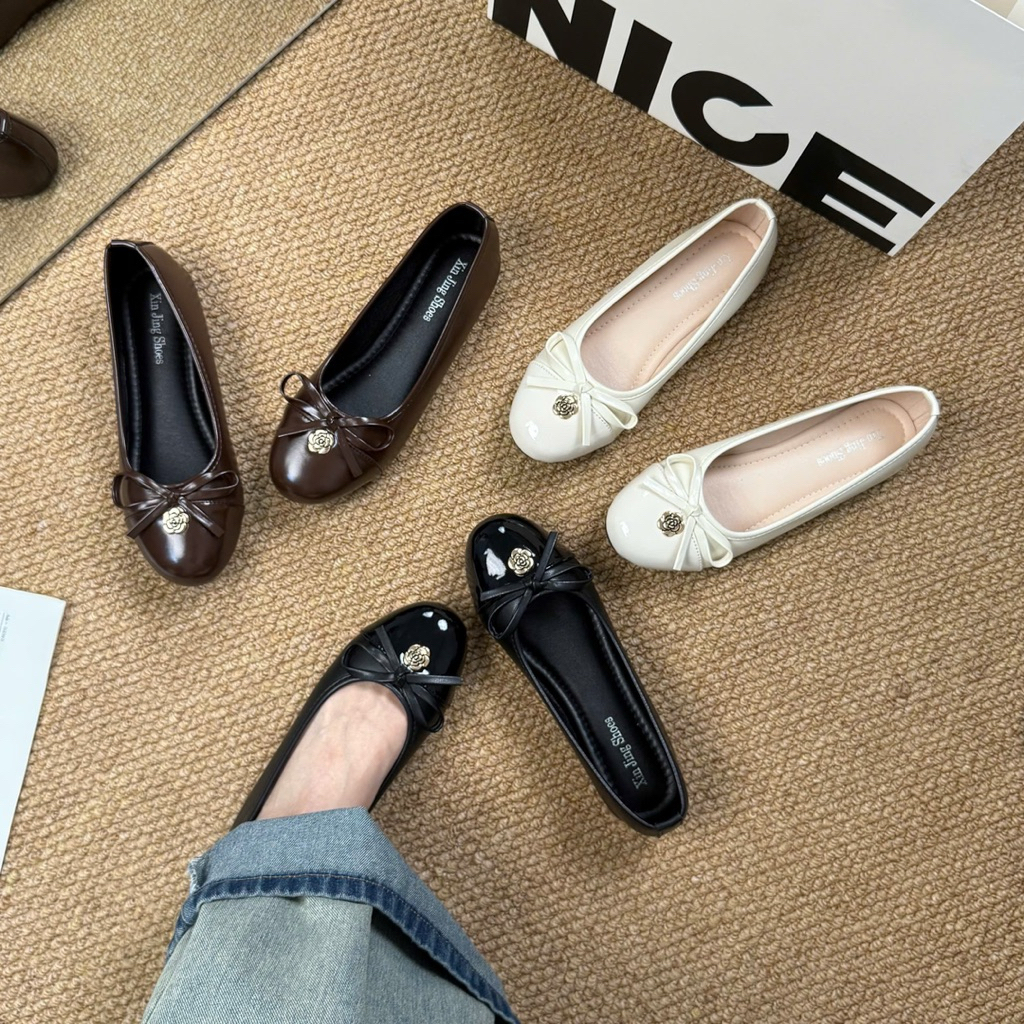[vân giày xinh] giày bệt nữ phối da lỳ gắn nơ hoa tràm B06