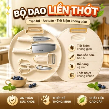 Bộ Dao Thớt Nhà Bếp 5 Món – Dao Chặt Dao Thái Kéo Nạo Kèm Thớt Tròn Có Khay Đựng Thép 30Cr13 Bộ Dao Nhà Bếp