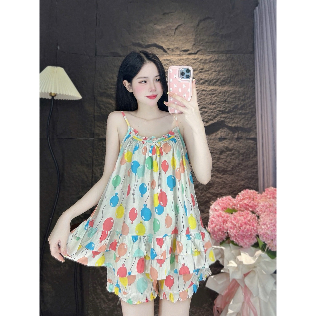 Set Bộ Tole Đùi Hai Dây Bèo Cổ Quần Viền Bèo - HN CLOSET