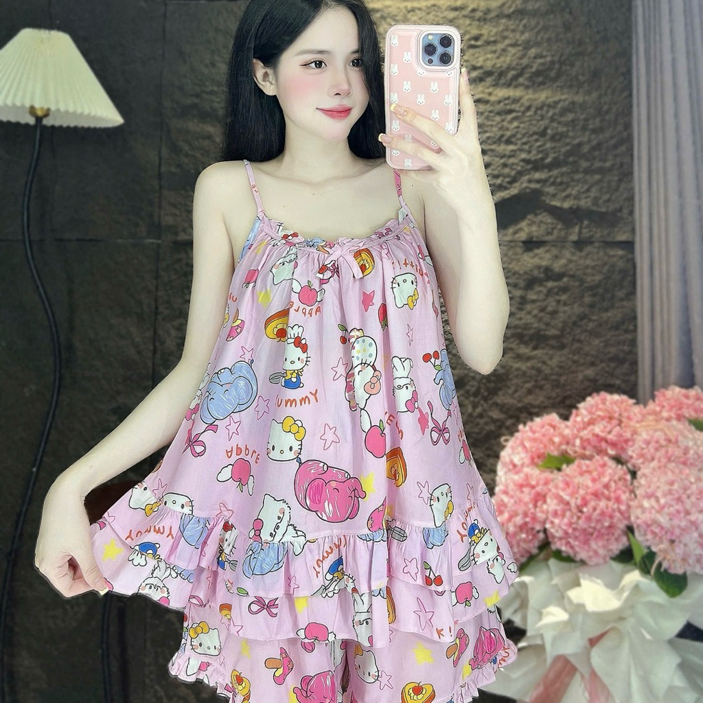Set Bộ Tole Đùi Hai Dây Bèo Cổ Quần Viền Bèo - HN CLOSET