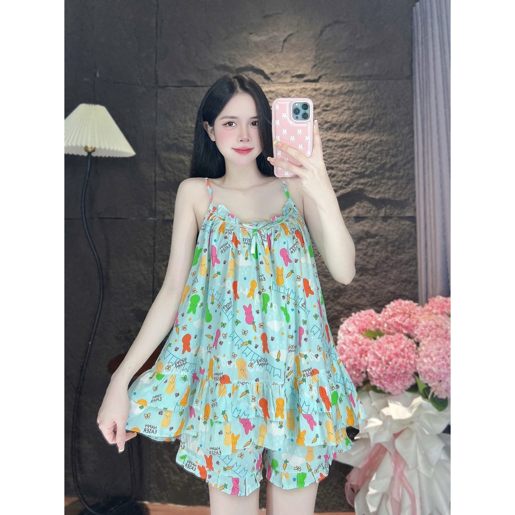 Set Bộ Tole Đùi Hai Dây Bèo Cổ Quần Viền Bèo - HN CLOSET