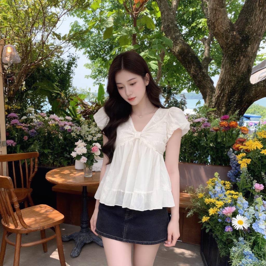 Áo Babydoll phối tơ cổ V dáng bí phồng, áo kiểu nữ phong cách trẻ trung