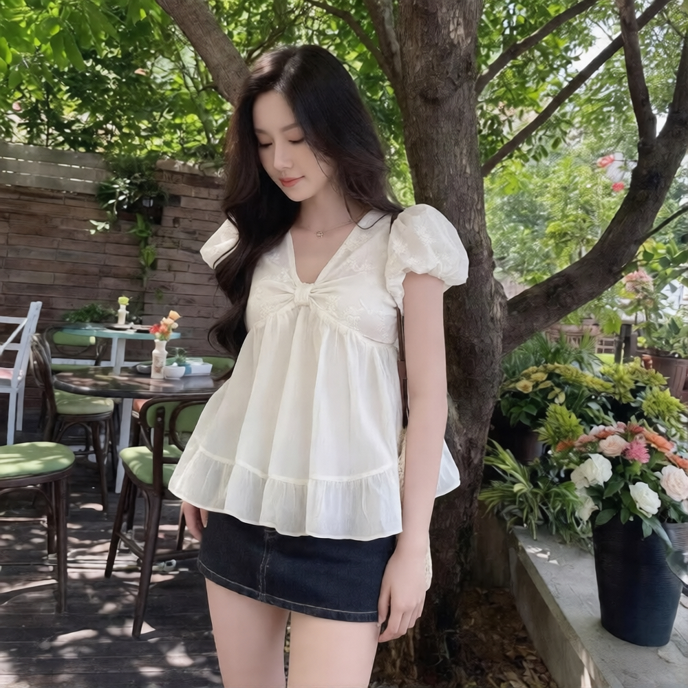 Áo Babydoll phối tơ cổ V dáng bí phồng, áo kiểu nữ phong cách trẻ trung