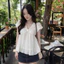 Áo Babydoll phối tơ cổ V dáng bí phồng, áo kiểu nữ phong cách trẻ trung tiểu thư mỏng nhẹ