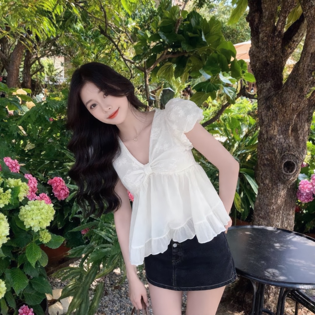 Áo Babydoll phối tơ cổ V dáng bí phồng, áo kiểu nữ phong cách trẻ trung