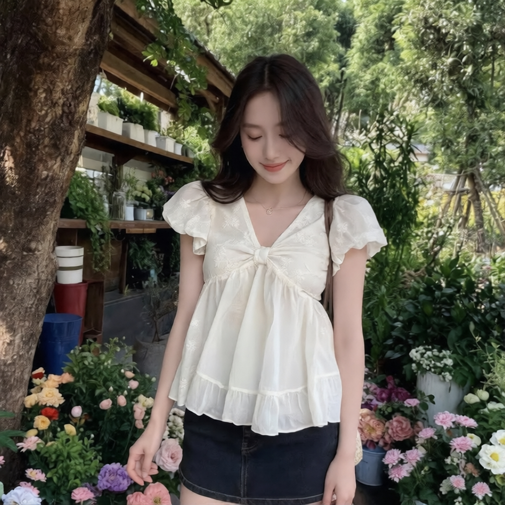 Áo Babydoll phối tơ cổ V dáng bí phồng, áo kiểu nữ phong cách trẻ trung