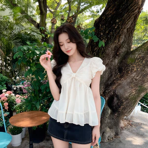 Áo Babydoll phối tơ cổ V dáng bí phồng, áo kiểu nữ phong cách trẻ trung tiểu thư mỏng nhẹ