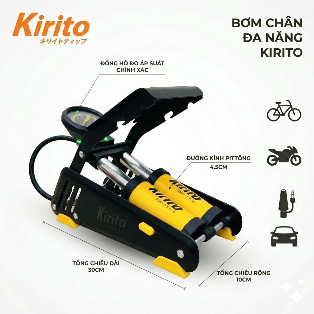 Bơm Đạp Chân Kirito 2 Piston 4512S – Áp Lực Mạnh 160PSI – Gấp Gọn, Dùng Cho Xe, Bóng, Đồ Bơm Hơi