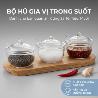 Hũ gia vị có nắp đậy và muỗng trong suốt đựng sa tế bàn quán ăn chất liệu nhựa