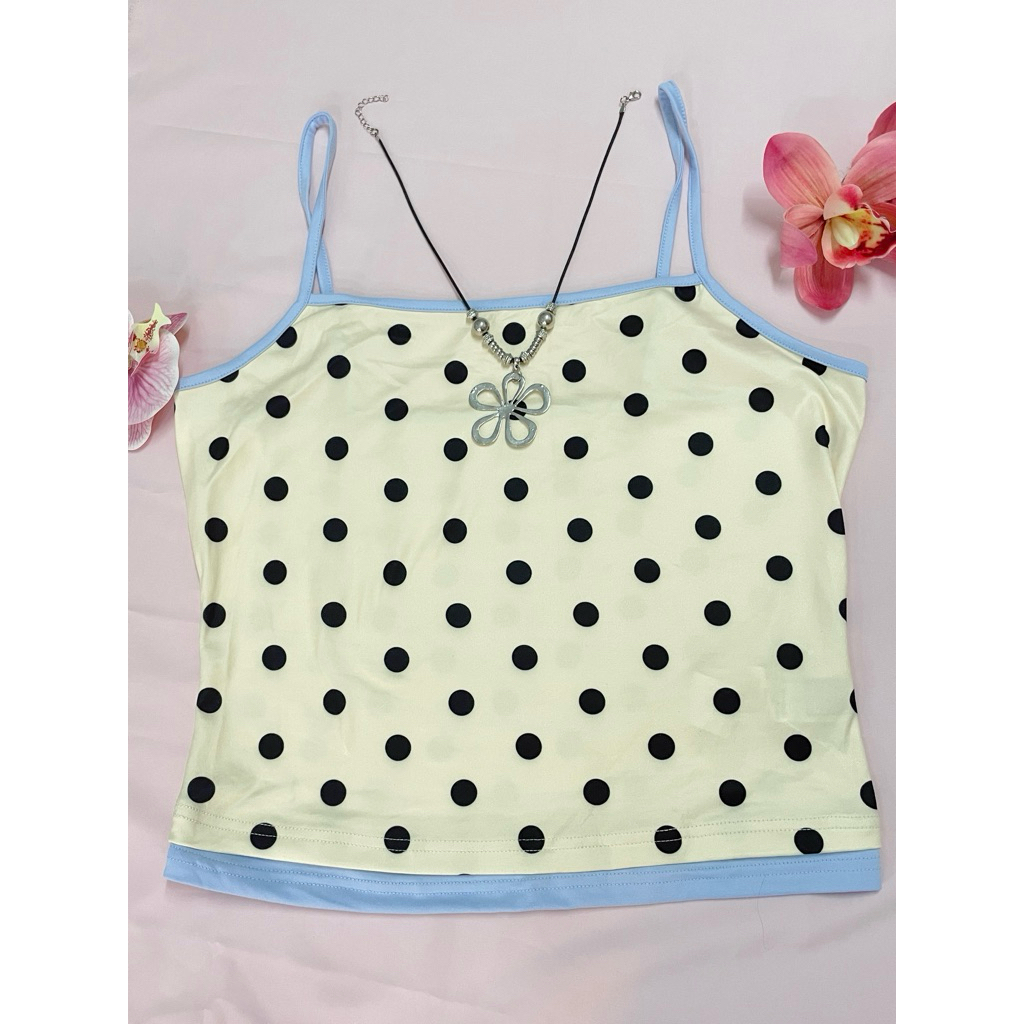 [ORDER 7-10 NGÀY] Sẵn 1,Xs 2,L (Có Bigsize) Áo Hai Dây Co Dãn Chấm Bi Viền Xanh Phong Cách Y2K - [Màuáovàngpastel]