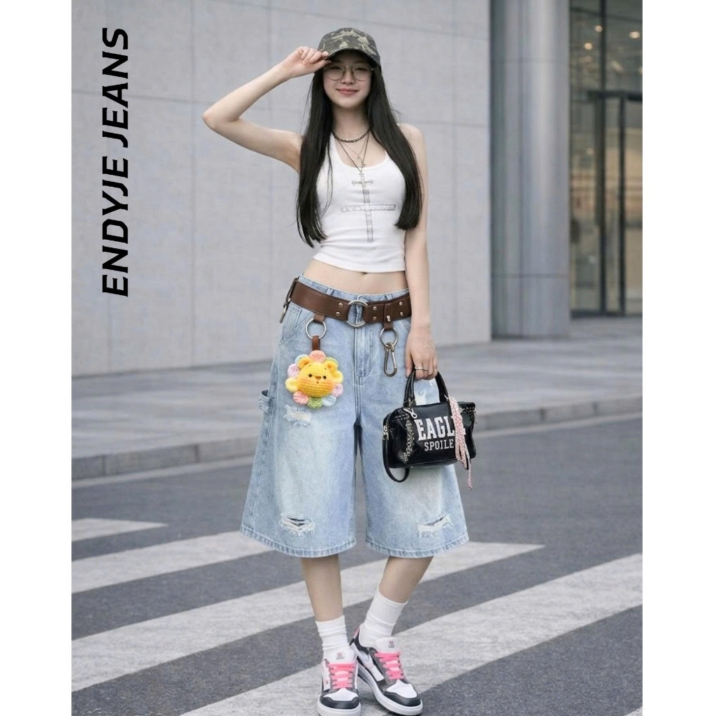 Quần jeans lửng nữ ống rộng lưng cao cào rách, quần bò unisex phong cách thời trang năng động ED19