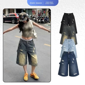 Quần jeans lửng nữ ống rộng lưng cao cào rách, quần bò unisex phong cách thời trang năng động ED19