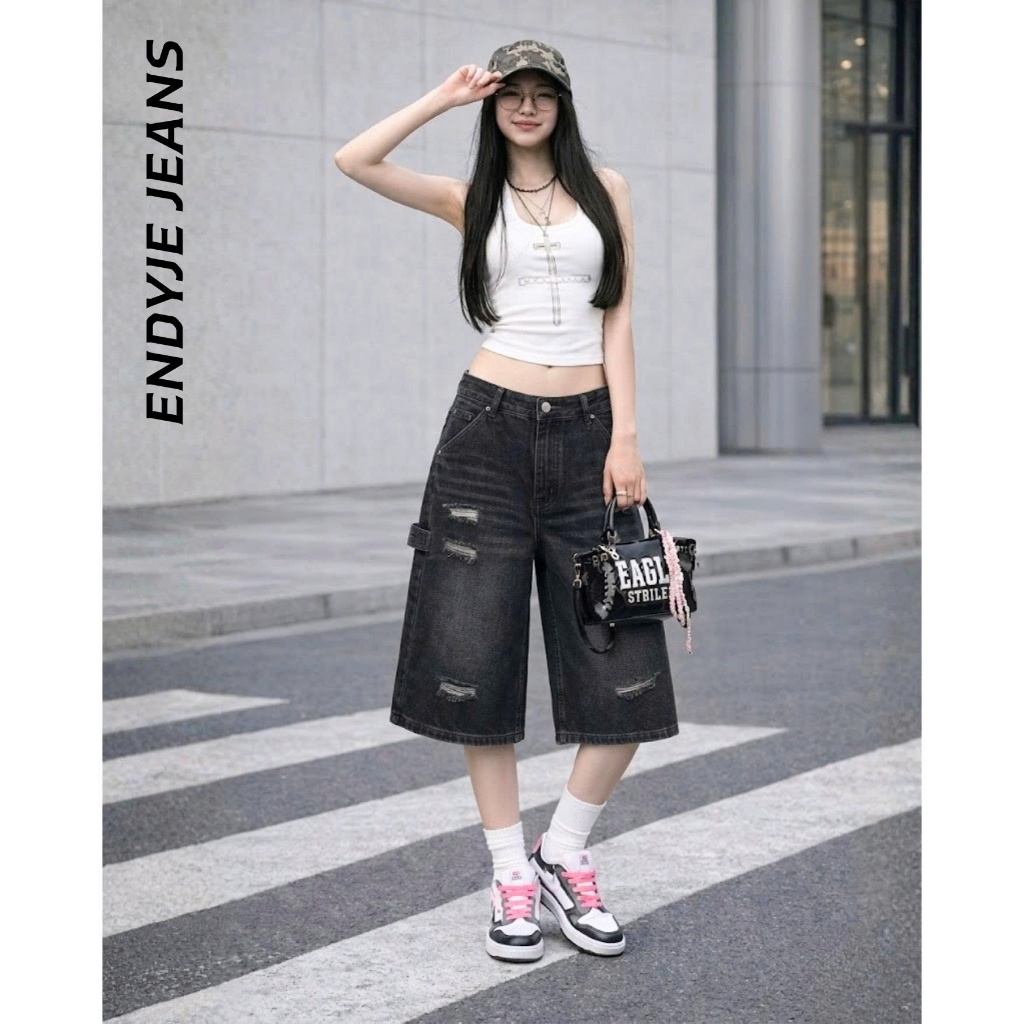Quần jeans lửng nữ ống rộng lưng cao cào rách, quần bò unisex phong cách thời trang năng động ED19