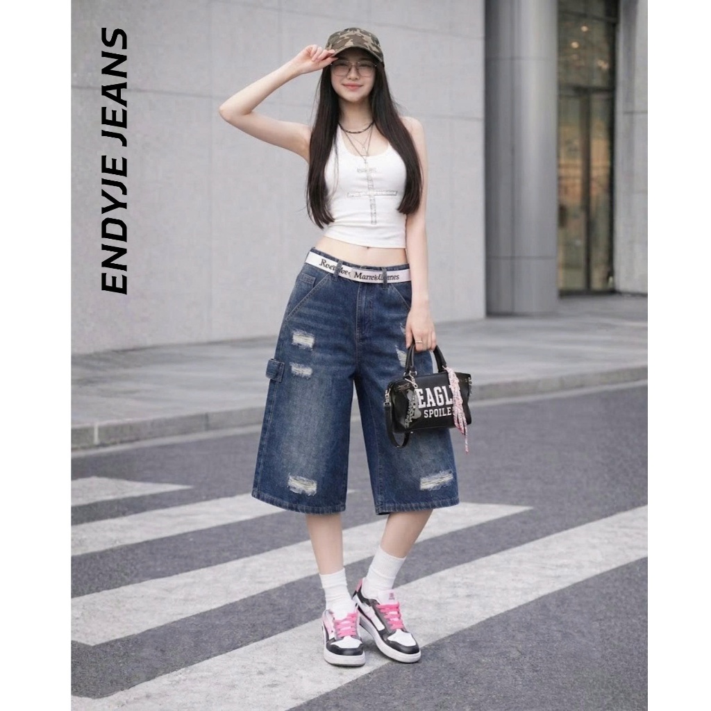 Quần jeans lửng nữ ống rộng lưng cao cào rách, quần bò unisex phong cách thời trang năng động ED19
