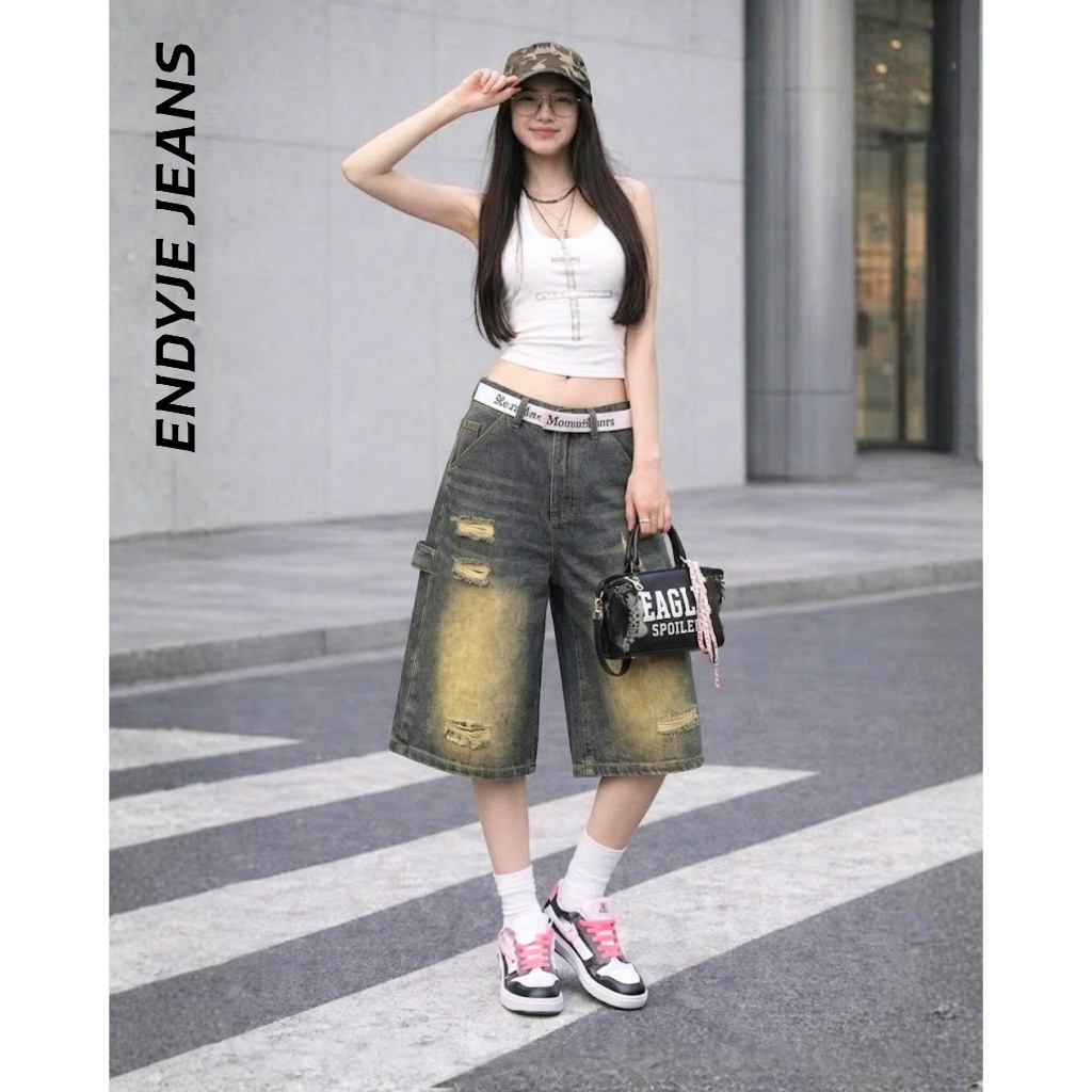 Quần jeans lửng nữ ống rộng lưng cao cào rách, quần bò unisex phong cách thời trang năng động ED19