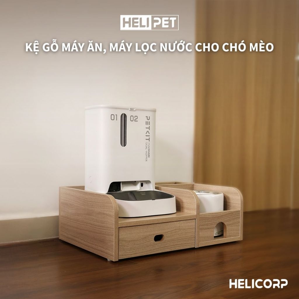 Kệ Gỗ Máy Ăn, Máy Lọc Nước Cho Chó Mèo HELIPET Chống Gù, Chống Trượt, An Toàn Cho Thú Cưng