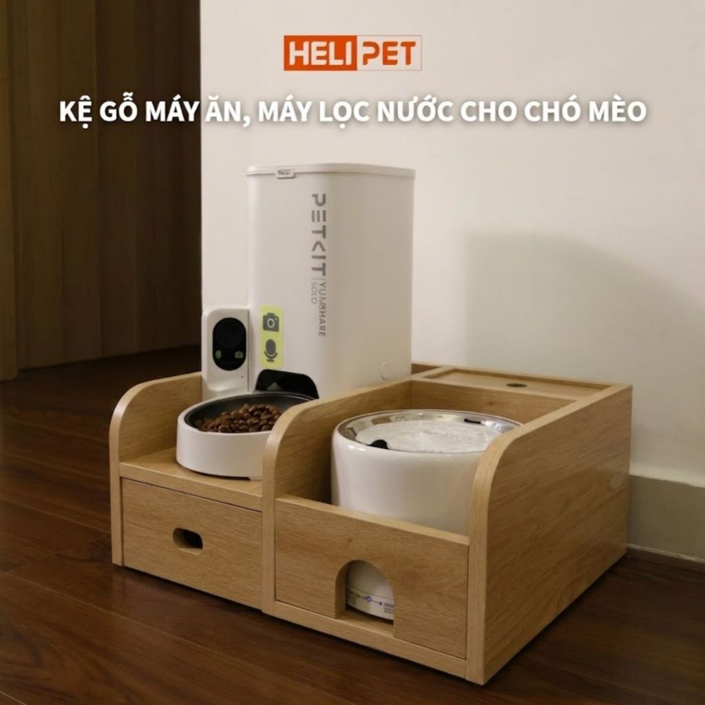Kệ Gỗ Máy Ăn, Máy Lọc Nước Cho Chó Mèo HELIPET Chống Gù, Chống Trượt, An Toàn Cho Thú Cưng