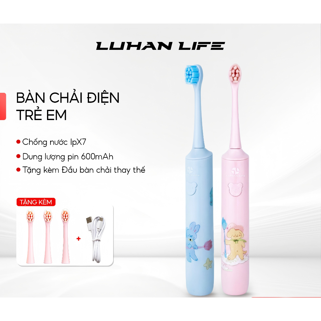 Bàn Chải Điện Cho Bé Sóng Âm Sonic LUHAN LIFE , Bàn Chải Đánh Răng Điện Trẻ Em Lông Mềm Đa Năng IPX7
