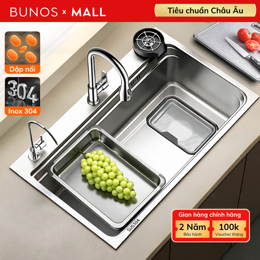 Chậu rửa bát một hố inox 304 BUNOS cao cấp, lọc rác 2 lớp, bề mặt dập nổi chống trầy xước, mài mòn