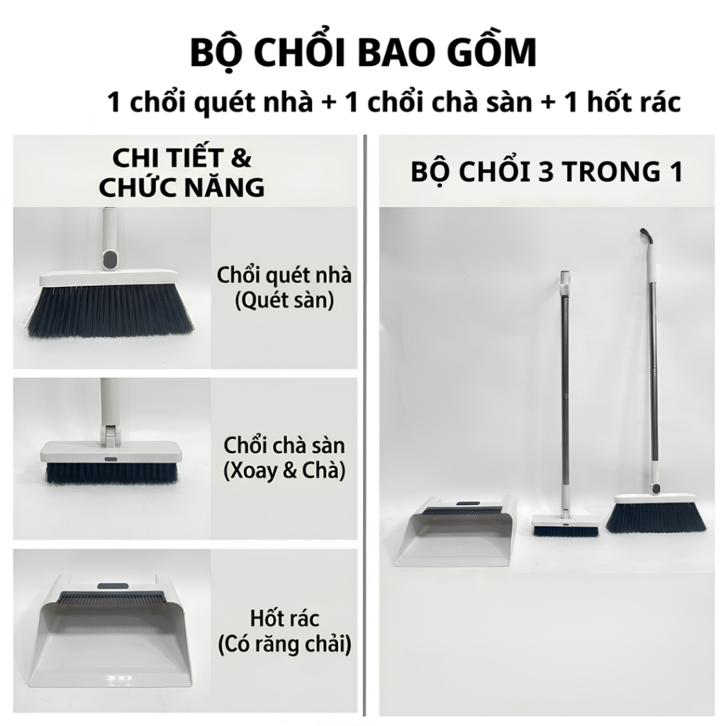 Chổi Quét Nhà 3 Trong 1 Bản Nội Địa Mới Nhất Gạt Nước, Gom Rác, Lau Sàn Siêu Sạch