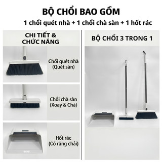 Bộ Chổi Quét Nhà Kèm Hốt Rác Cán Dài 3in1  Gấp Gọn, Lông Mềm, Quét Sạch Nhanh