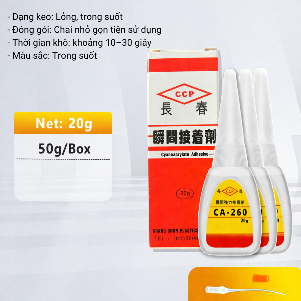 Combo 3 chai Keo CA260 dán mica trong suốt BEDO - Keo không khói, khô nhanh, kết dính mạnh cho mica, nhựa, alu