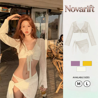 Nova-Bikini đi biển set 4 chi tiết áo bra 2 dây quần tam giác kèm áo lưới dài tay và khăn quấn thời trang