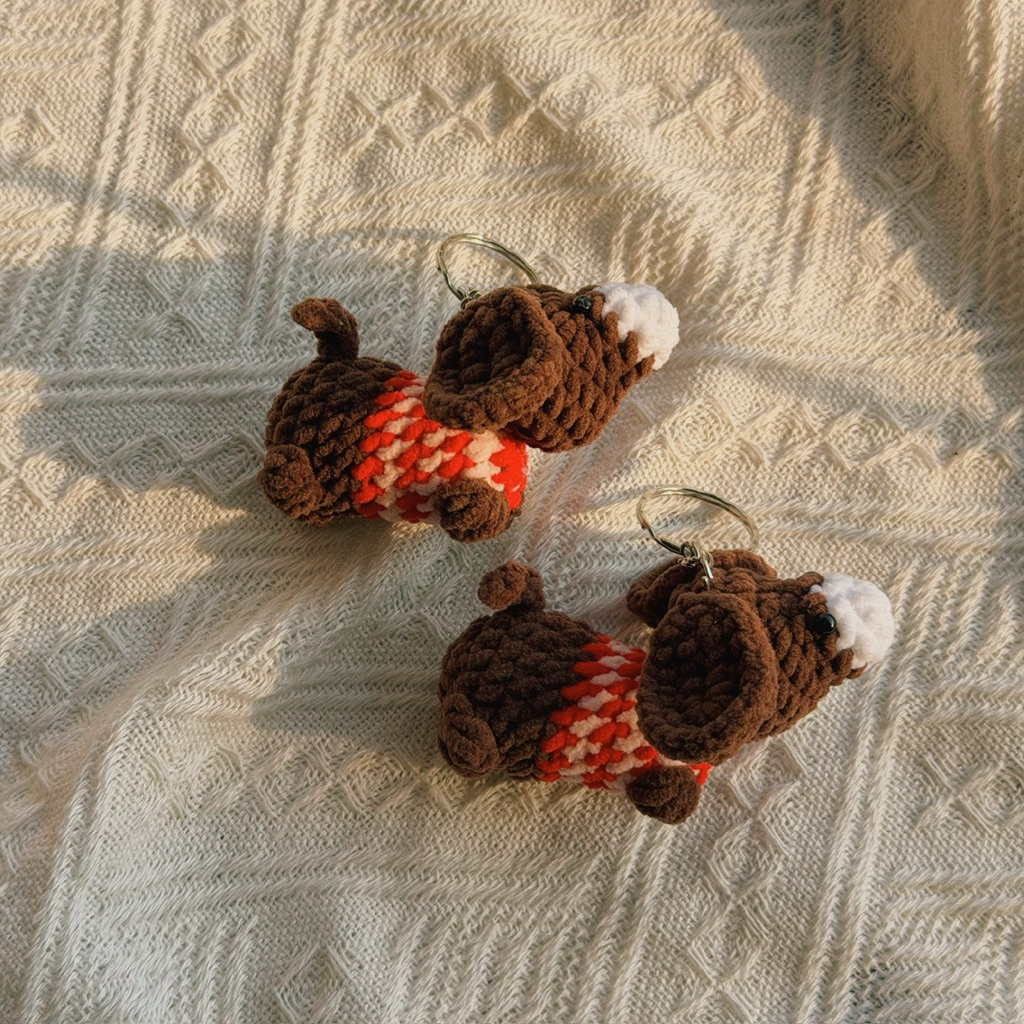 Móc Khoá Len Nhung Puppy Cún Chó Lạp Xưởng Xúc Xích Dachshund Nâu Handmade Dễ Thương