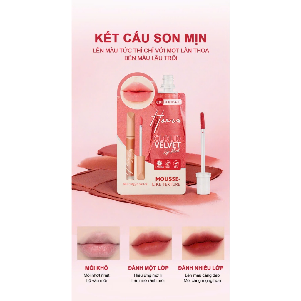 Son kem bùn dạng túi HEXZE CLOUD VELVET, hiệu ứng mịn lì như nhung, làm mờ rãnh môi cho đôi môi căng mọng