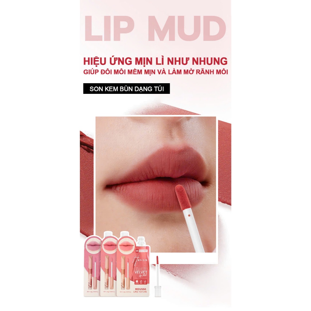 Son kem bùn dạng túi HEXZE CLOUD VELVET, hiệu ứng mịn lì như nhung, làm mờ rãnh môi cho đôi môi căng mọng