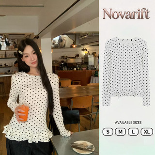 Nova-Áo thun nữ cổ điển kiểu Pháp chấm bi thời trang đơn giản Slim Fit cổ tròn dài tay Áo thun nữ ren viền hàng đầu