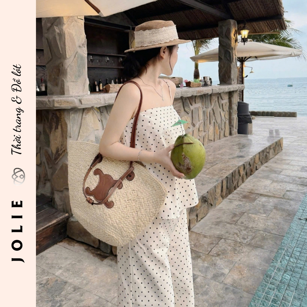 Sét bộ hai dây chấm bi kèm quần ống rộng thời trang JOLIE thiết kế sang chảnh đi chơi đi biển