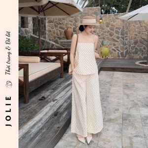 Sét bộ hai dây chấm bi kèm quần ống rộng thời trang JOLIE thiết kế sang chảnh đi chơi đi biển