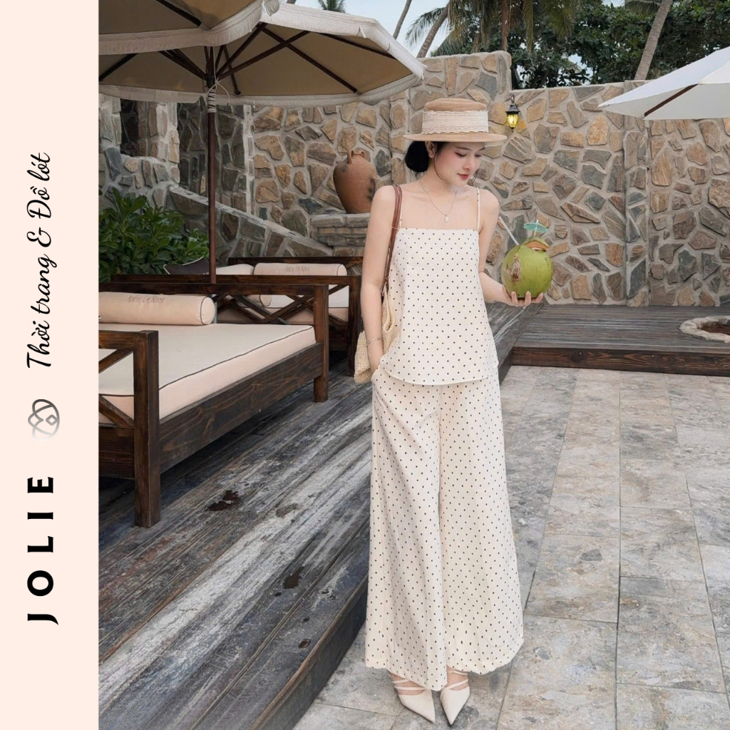 Sét bộ hai dây chấm bi kèm quần ống rộng thời trang JOLIE thiết kế sang chảnh đi chơi đi biển