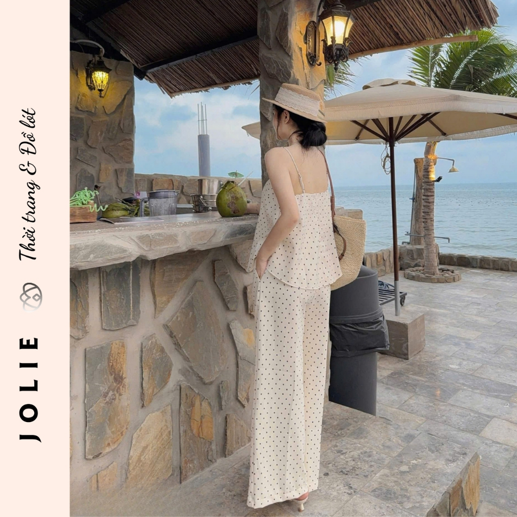 Sét bộ hai dây chấm bi kèm quần ống rộng thời trang JOLIE thiết kế sang chảnh đi chơi đi biển