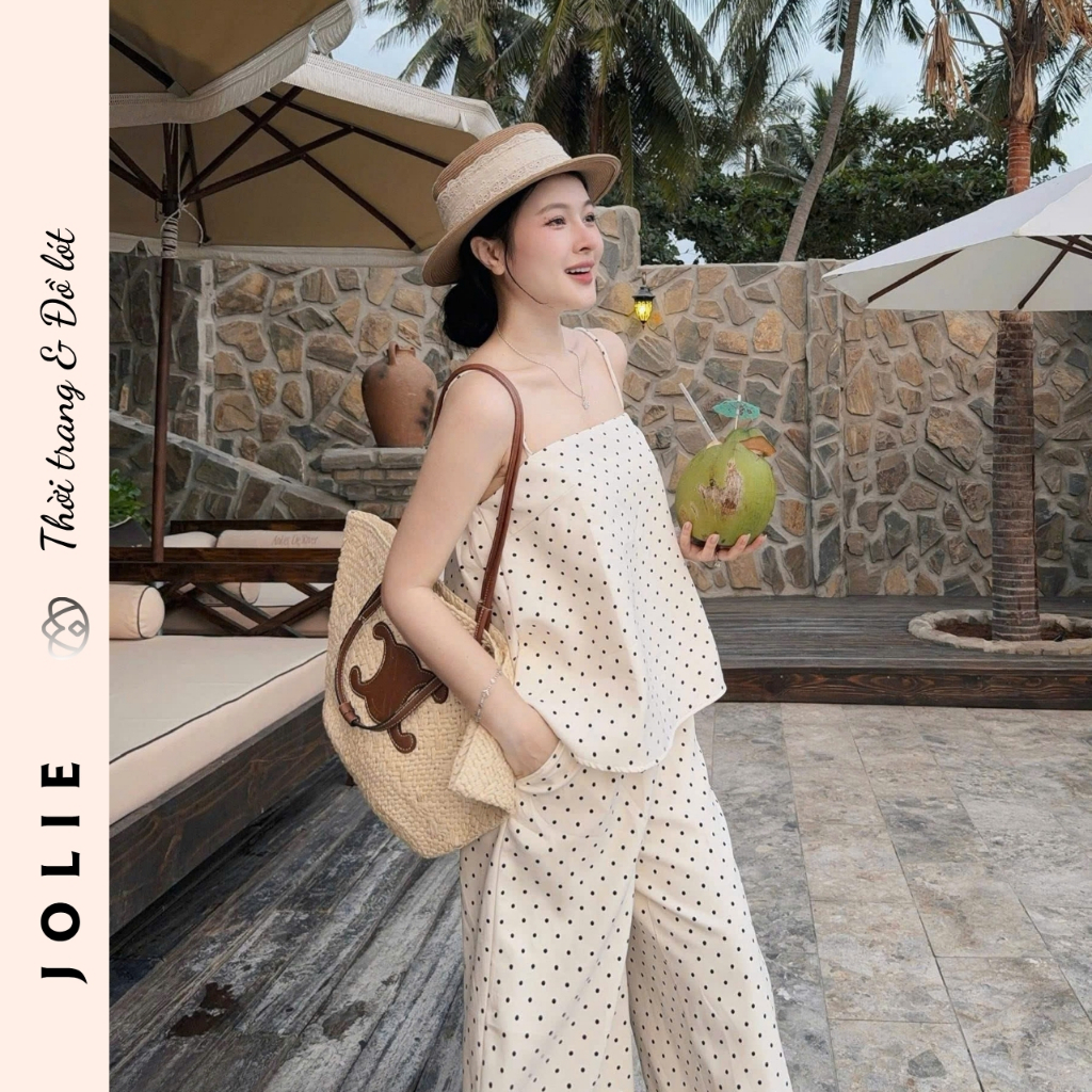 Sét bộ hai dây chấm bi kèm quần ống rộng thời trang JOLIE thiết kế sang chảnh đi chơi đi biển