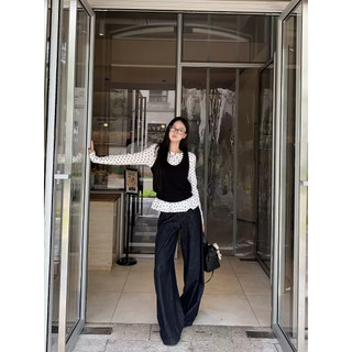 Nova-Áo thun nữ cổ điển kiểu Pháp chấm bi thời trang đơn giản Slim Fit cổ tròn dài tay Áo thun nữ ren viền hàng đầu