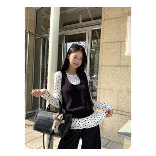 Nova-Áo thun nữ cổ điển kiểu Pháp chấm bi thời trang đơn giản Slim Fit cổ tròn dài tay Áo thun nữ ren viền hàng đầu