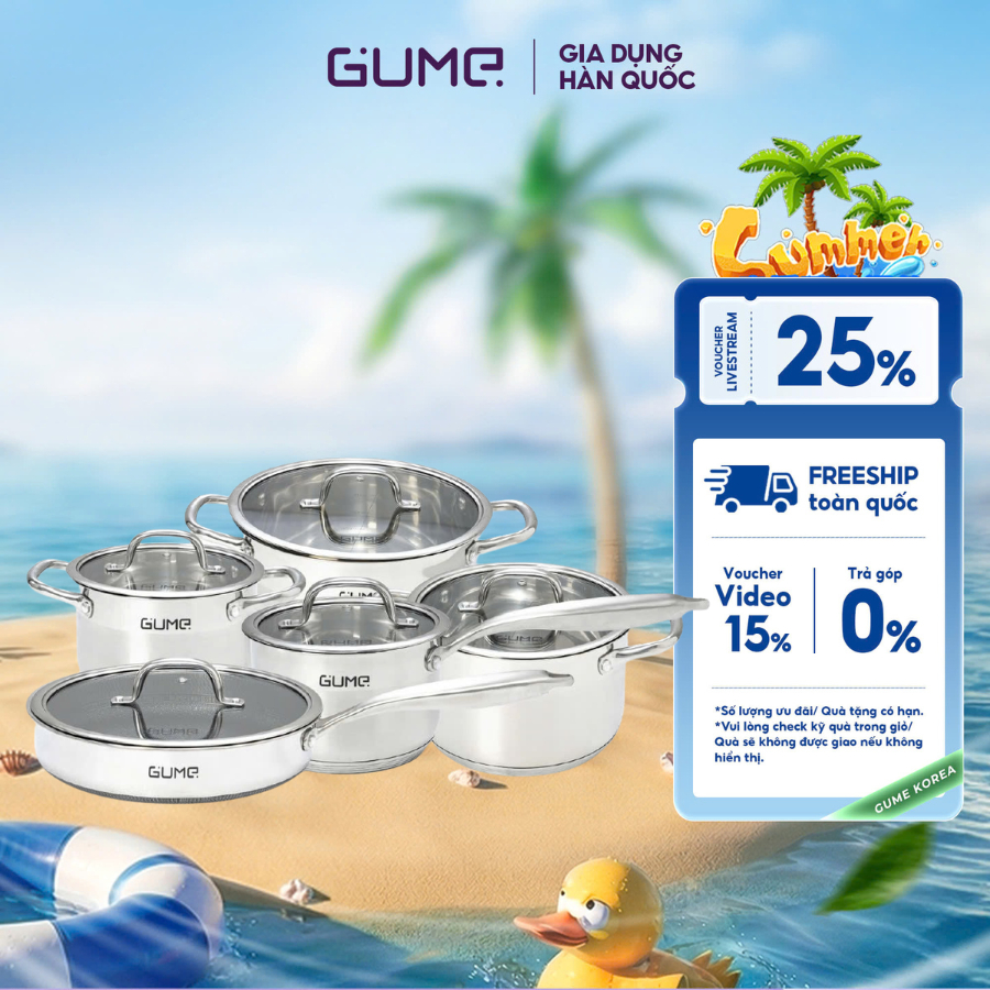 Bộ Nồi Chảo Inox 5 Món GUME GMPPS-2201 Inox 304 Dùng Mọi Bếp, Truyền Nhiệt Nhanh, Chảo Chống Dính
