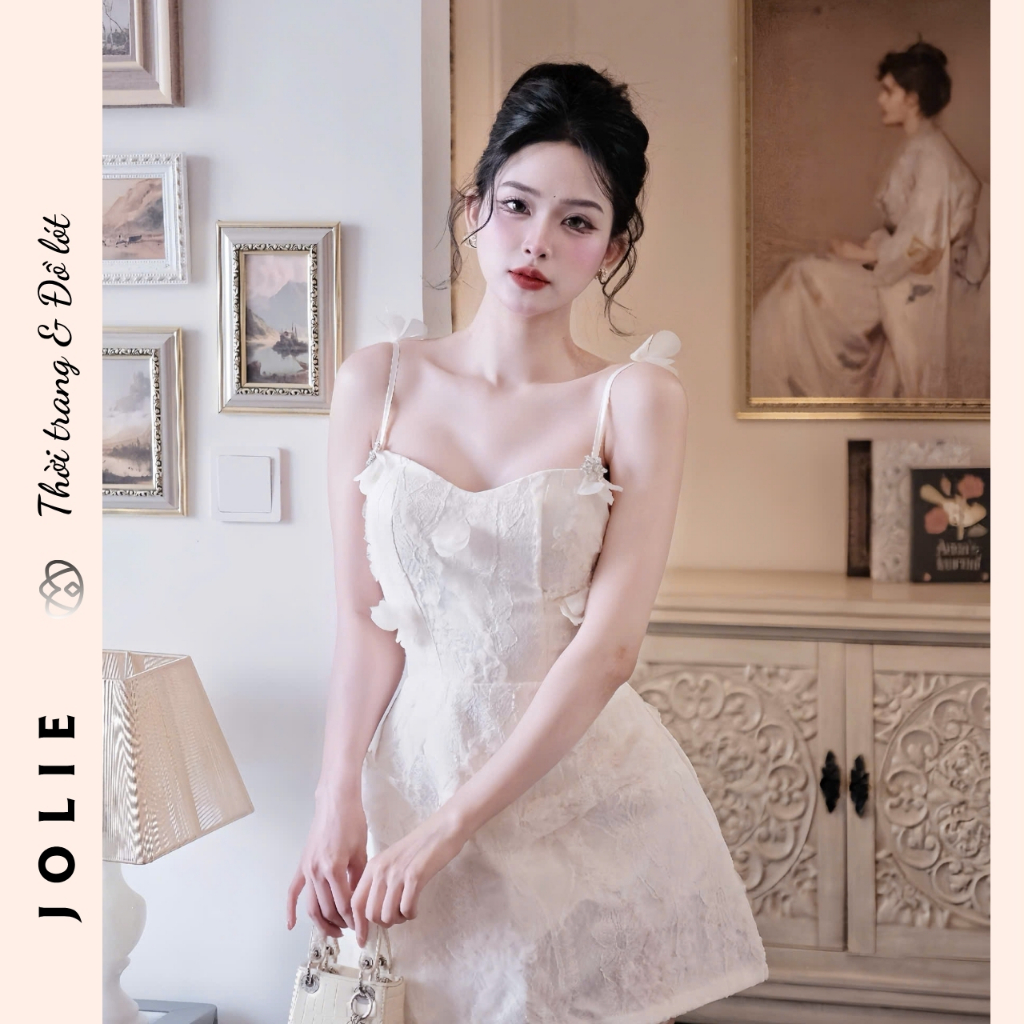 Váy Hai Dây Ren Hoa Nổi Đính Cánh Tiên Dáng Xòe Tiểu Thư Sang Trọng JOLIE Thiết Kế Dự Tiệc Cao Cấp