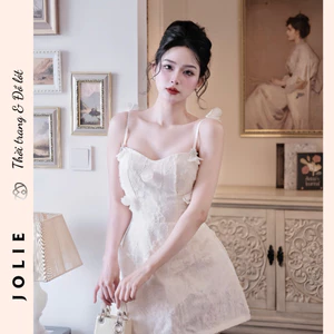 Váy Hai Dây Ren Hoa Nổi Đính Cánh Tiên Dáng Xòe Tiểu Thư Sang Trọng JOLIE Thiết Kế Dự Tiệc Cao Cấp